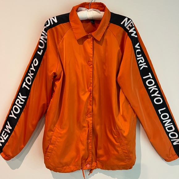 Forever 21 Jackets & Blazers - Forever 21 Orange Satin Bomber Jacket with City Print